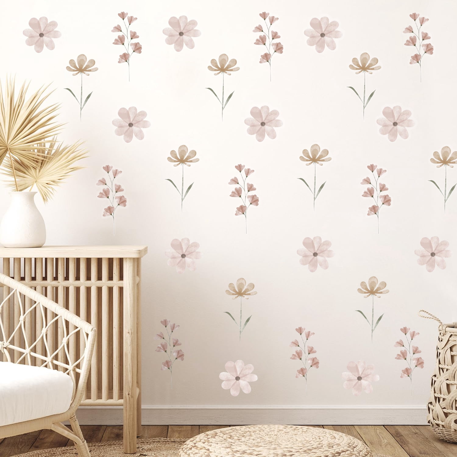 8 Sheets 56 Pcs Boho Flower Wall Decals, Watercolor Pink Daisy Stickers ...