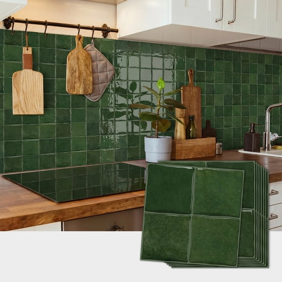 8 Sheets 6" x6inch Green 3D Effect Tiles Backsplash Decals Self-Adhesive Vinyl Peel and Stick Wall Tile Stickers for Kitchen Bathroom Tiles Wall Decor