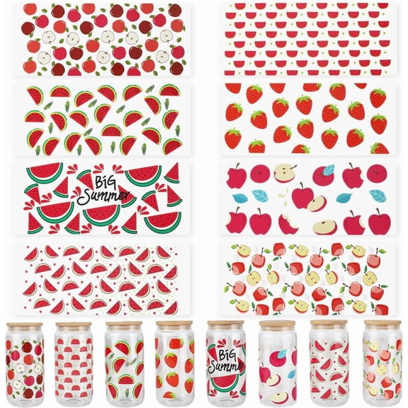 8 Sheets 8 Styles Fruit UV DTF Cup Wraps Glass Cup Sticker Wrap Summer Red Watermelon Strawberry Transfer Plastic Waterproof Decorative Decals for 16 OZ Glass Bottle Tumblers Wood DIY Crafts diy