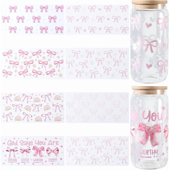 8 Sheets 8 Styles Glass Cup Sticker Wrap Waterproof Pink Bow Decals Heart Flower Rainbow Bowknot Pattern UV DTF Cup Wraps Stickers