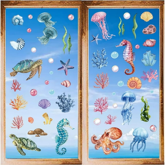 8 Sheets 8 Styles PVC Waterproof Wall Stickers Self-Adhesive Decals for Window or Stairway Home Decoration Sea Horse 200x145mm 1 sheet/style