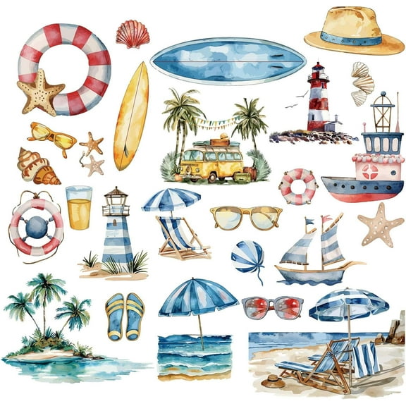 8 Sheets 8 Styles Summer Beach Window Stickers Tropical Hawaiian Ocean Seasons Decals Self Adhesive Vinyl PVC Waterproof Wall Sticker for Sliding Door Bath Dorm Decorations Colorful DIY