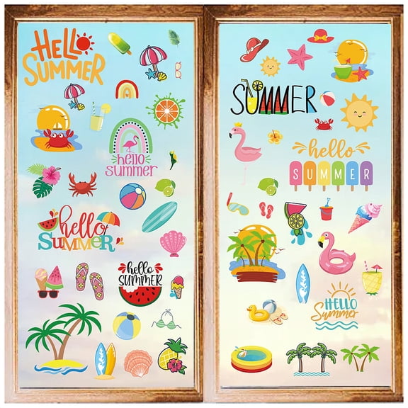 8 Sheets 8 Styles Summer Theme PVC Waterproof Wall Stickers Self-Adhesive Decals for Window or Stairway Home Decoration Rectangle diy
