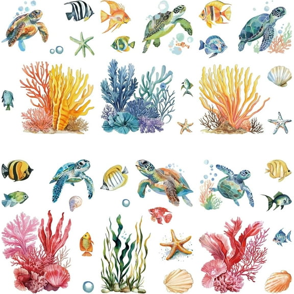 8 Sheets 8 Styles Translucent Sea Turtle Window Stickers Wall Decals Self Adhvesive Ocean Life Seaweed Coral Starfish Fish Waterproof Animal PVC Peel and Stick Home Bedroom Classroom Kitchen DIY
