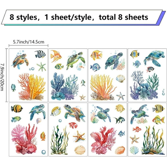 8 Sheets 8 Styles Translucent Sea Turtle Window Stickers Wall Decals Self Adhvesive Ocean Life Seaweed Coral Starfish Fish Waterproof Animal PVC Peel and Stick Home Bedroom Classroom Kitchen