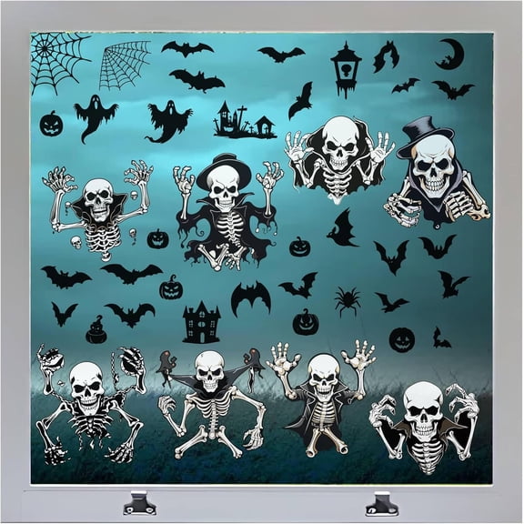 8 Sheets 8 Styles Window Stickers Bats Moon Pumpkin Spider Scary Self Adhesive Wall Clings Double-Sides Glass Window Decal for Holiday Party Home Decor Supplies