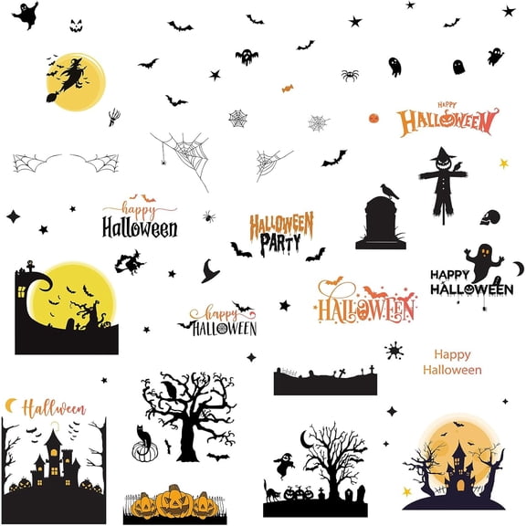 8 Sheets 8 Styles Window Stickers Large Haunted House Pumpkin Spider Web Window Clings Wall Decor Decals Stickers for Bedroom Living Room Store Showcase Decorations Party Supplies for DIY