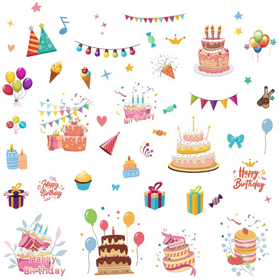 8 Sheets 8 styles Birthday Cake PVC Waterproof Wall Stickers Self-Adhesive Decals for Window or Stairway Home Decoration Rectangle Food 200x145mm