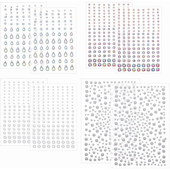 8 Sheets Acrylic Rhinestone Self Adhesive Sticker 4 Styles Teardrop Half Round Bling Gems Jewels Stickers for Hair Face Makeup Clothes Scrapbooking