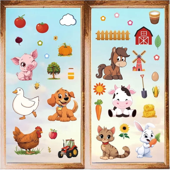 8 Sheets Animal Window Clings Farm Cattle Chickens Pigs Wall Decals Window Stickers Peel and Stick PVC Waterproof Adhesive Decor for Bedroom Living Room Bath Dorm 1set