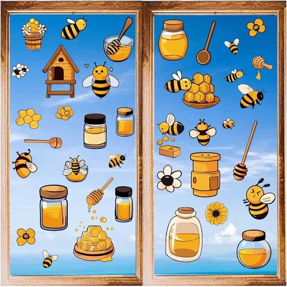 8 Sheets Bee Honey Jar Window Decals Self Adhesive Clings Honeycomb Daisy Wall Stickers Peel and Stick PVC Waterproof Decor