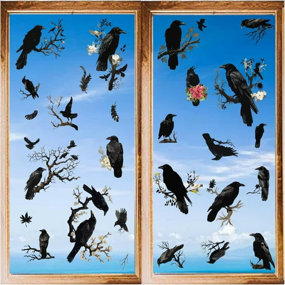 8 Sheets Black Crows Window Decals Self-Adhesive Wall Sticker PVC Waterproof Branches Bird Raven on Tree Branch Wall Peel and Stick for Home Wall Window Cling Supplies Decor 1set