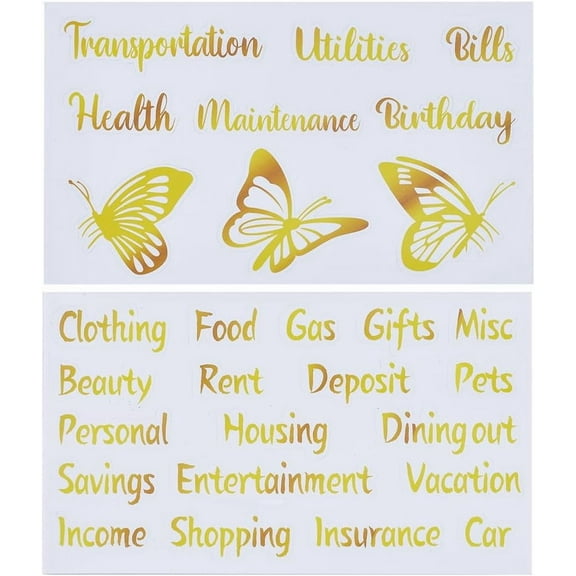 8 Sheets Budget List Binder Labels Vinyl Decals Cash Envelope Budget Category Gold Stickers Butterfly Pattern Binder Label for Finance Planner Wallet Money Bill Coupon Organizer