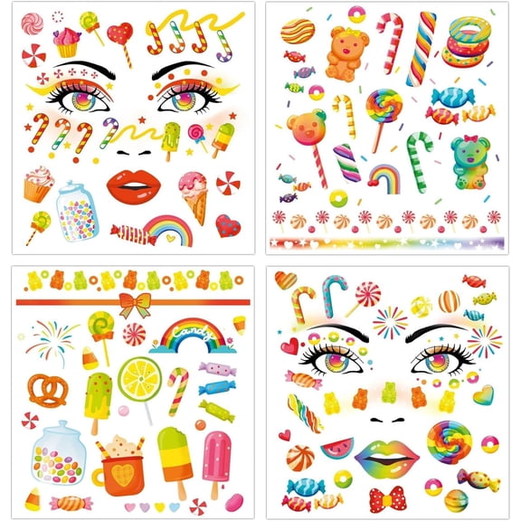 8 Sheets Candy Temporary Tattoos, Sweet Candyland Cane Cake Lollipop Party Makeup Fake Tattoo Stickers for Birthday Halloween Cosplay Masquerade Party Favors