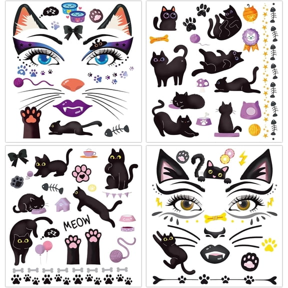 8 Sheets Cat Temporary Tattoos, Cat Makeup Body Art Waterproof Fake Tattoos Stickers for Halloween Masquerade Carnival Cosplay Party Decoration Supplies