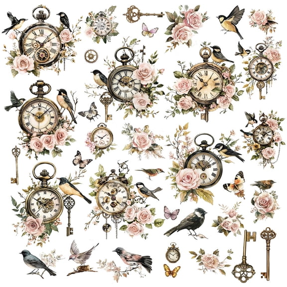 8 Sheets Clock Wall Stickers Bird Rose Butterfly Window Stickers PVC Waterproof Peel and Stick Self Adhesive Wall Decals Removable