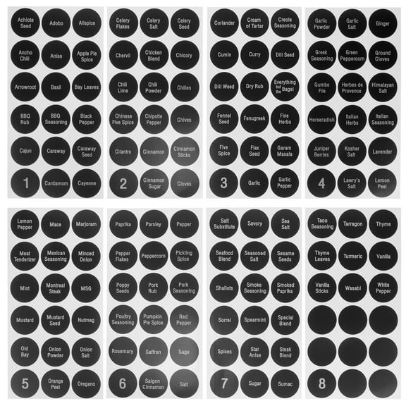 8 Sheets Condiment Bottle Stickers Labels Kitchen Spice Self-adhesive Marking Jar