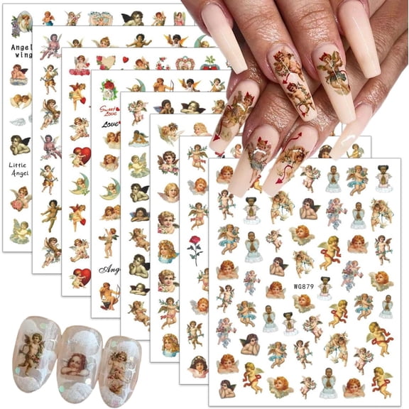 8 Sheets Cupid Angel Nail Art Stickers 3D Cupid Nail Decals Self Adhesive Rose Flower Heart Angel Design Nail Stickers Valentines Day Nail Supplies Angel Nail Charms Decoration for Women DIY Manicure
