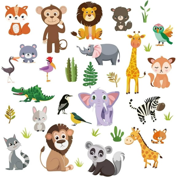 8 Sheets Cute Cartoon Animal Wall Sticker Lion Elephant Window Decals Self Adhesive PVC Waterproof Window Cling Peel Stick Wall Decor for Bedroom Living Room Stairway Nursery Home Decoration Colorful