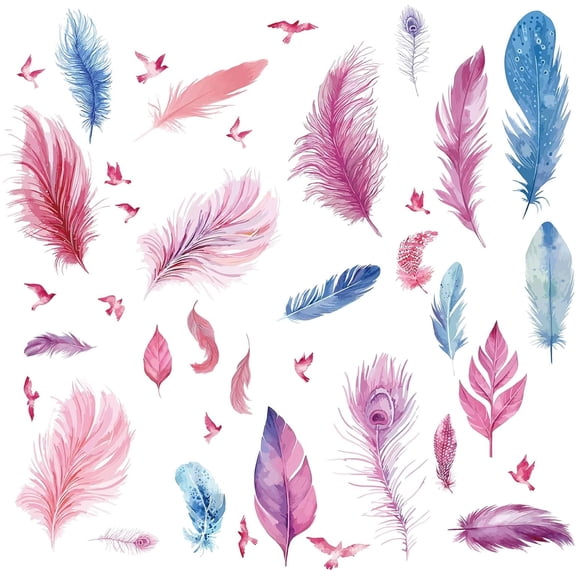 8 Sheets Feather Wall Stickers PVC Waterproof Self Adhesive Wall Decals Removable Rectangle for Window Decor Clings Stairway Home Decoration TV Wall Art as Housewarming Birthday Gift