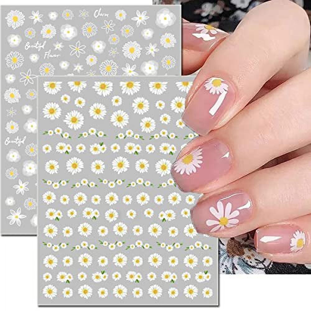 8 Sheets Flower Nail Art Stickers, 3D Daisy Nail Art Supplies White