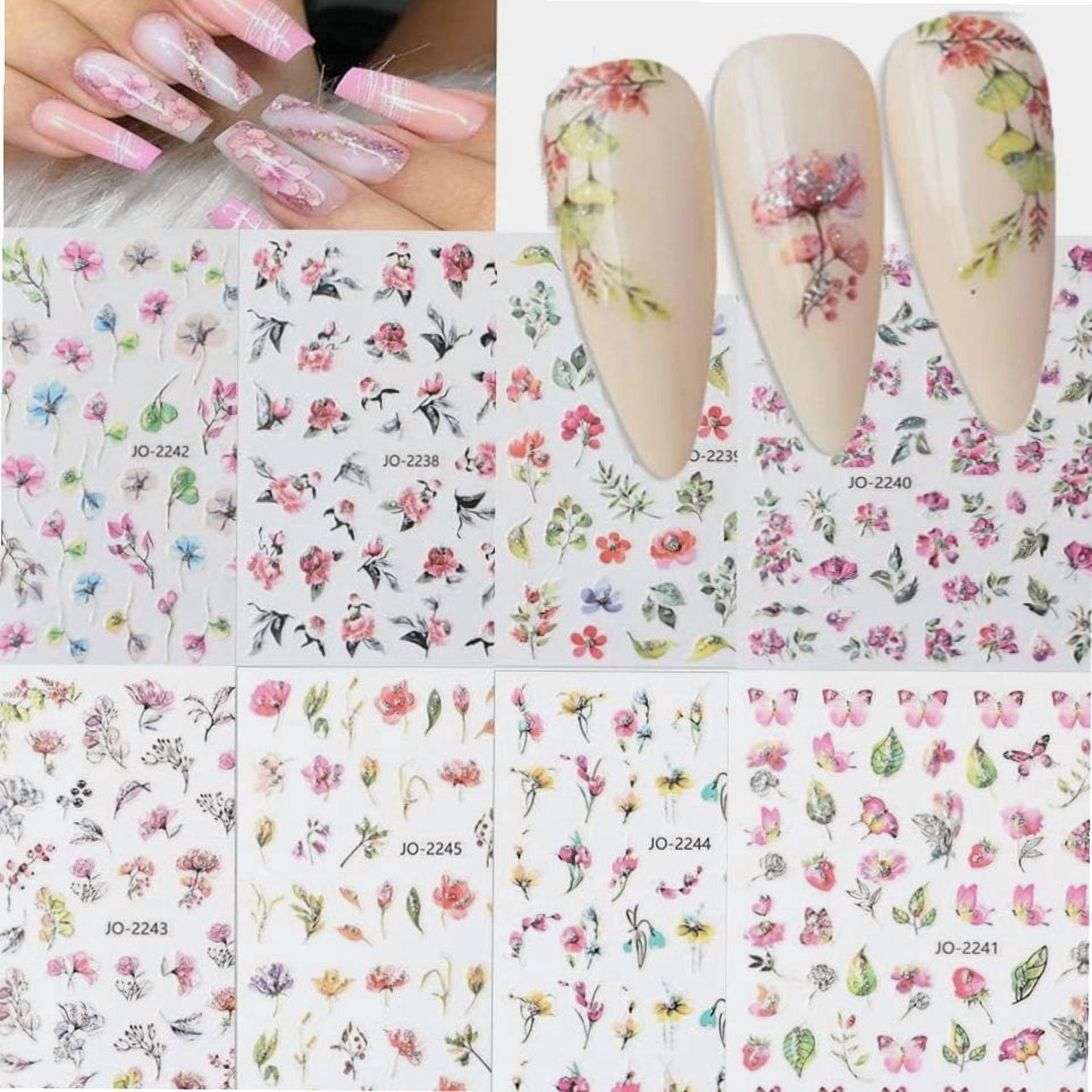8 Sheets Flowers Nail Art Stickers 3D Self-Adhesive Flowers Spring ...