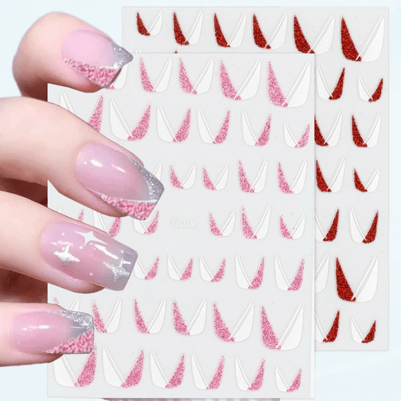 8 Sheets French Nail Art Sticker 3D Self-Adhesive V Shape Silver Glitter French Line Shiny Oblique Strip Design Nail Supplies Glitter French Tip Nail Sticker for Manicure DIY Nail Decoration