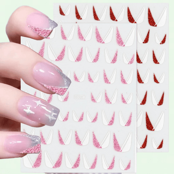 8 Sheets French Nail Art Sticker, Self-Adhesive V Shape Silver Glitter French Line, Shiny Oblique Strip Design Nail Supplies