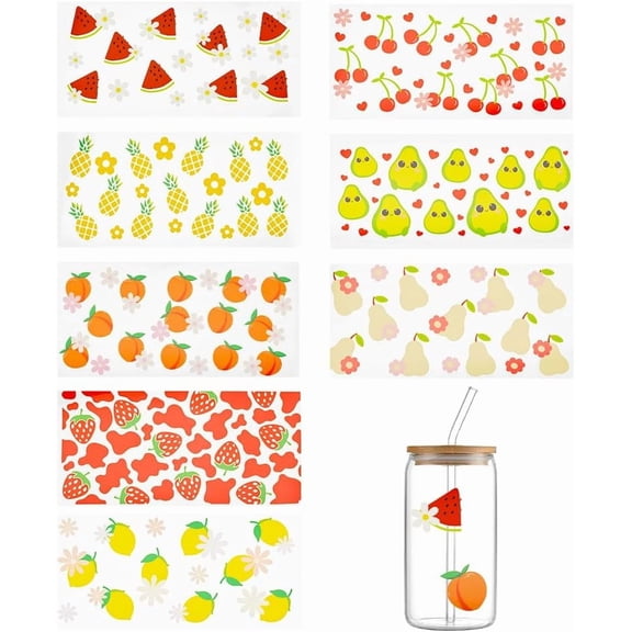 8 Sheets Fruits Theme Transfer Stickers Waterproof Cup Wrap Clear Film Transfer Sticker Rub on Transfers Decals Iron On Transfer Film for Wood Glass Cups Crafts for DIY