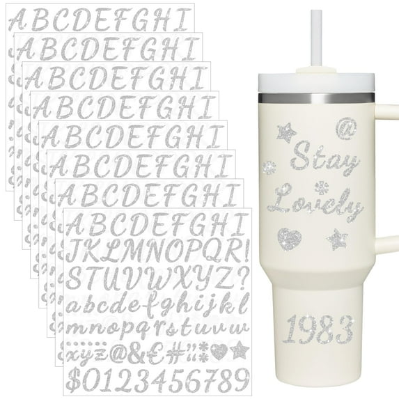 8 Sheets Glitter Letter Stickers for Stanley Cup, Alphabet Name Stickers for Water Bottles,Vinyl Waterproof Personalized Letter Number Name Tags Logo Stickers for Stanley Tumbler Accessories (Silver)