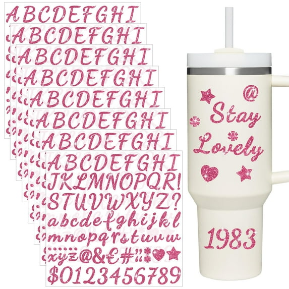 8 Sheets Glitter Letter Stickers for Stanley Cup, Alphabet Name Tags for Water Bottles, Vinyl Waterproof Personalized Letter Number Logo for Stanley Tumbler Accessories (Pink)
