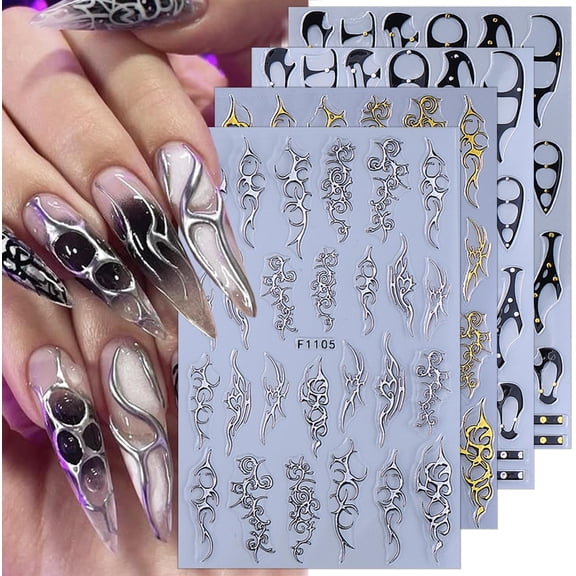8 Sheets Gothic Nail Stickers for Nail Art Black Punk Belt Nail Decals 3D Self-Adhesive Gold Silver Line Nail Art Stickers Retro Punk Style Thorns Flame Lines Nail Design Decals for Women DIY Nails