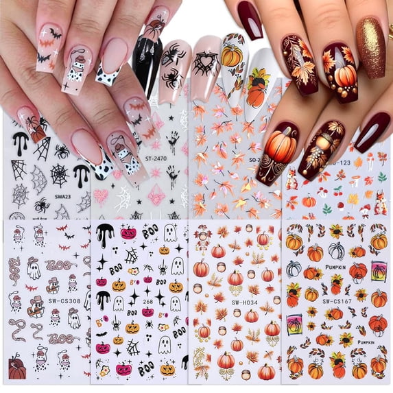 8 Sheets Halloween & Autumn Nail Art Stickers Spider Web Nail Stickers ...
