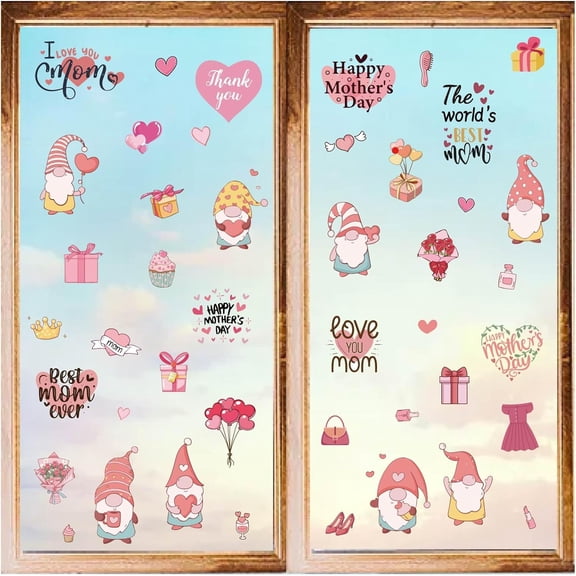 8 Sheets Happy Mother's Day Window Stickers Flower Pink Wall Decals PVC Waterproof Self Adhesive Window Cling Peel and Stick for Home Living Showcase Festive Decoration