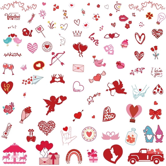 8 Sheets Heart Wall Stickers Valentine's Day Stickers Anniversary Window Stickers Pink PVC Waterproof Self Adhesive Wall Decals Removable for Window Decor Clings Stairway Housewarming Gift DIY