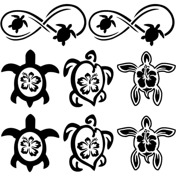 8 Sheets Hibiscus and Turtle Side Car Decal Black Laser Reflective Car Sticker Waterproof Vinyl Automotive Exterior Decoration Flower Turtle Shell Stickers for SUV Truck Motorcycle