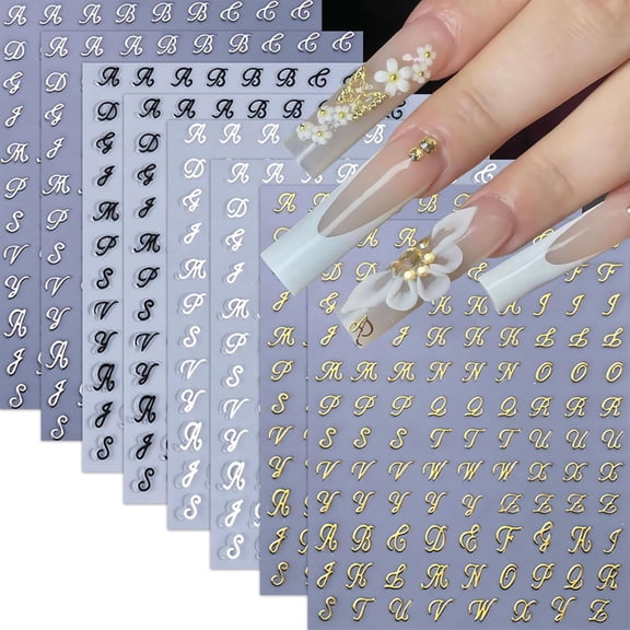 8 Sheets Letter Nail Stickers Old English Letter Nail Decals 3D Self-Adhesive Gold Silver Black White Retro English Pattern Old Alphabet Cursive Design Nail Supplies Manicure Accessories for Women