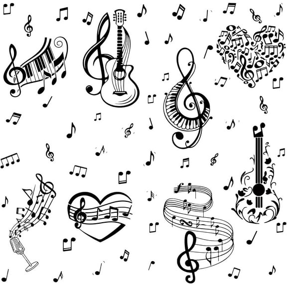 8 Sheets Musical Note Wall Stickers PVC Waterproof Self-Adhesive Window Decals Piano Guitar Heart Peel and Stick Removable