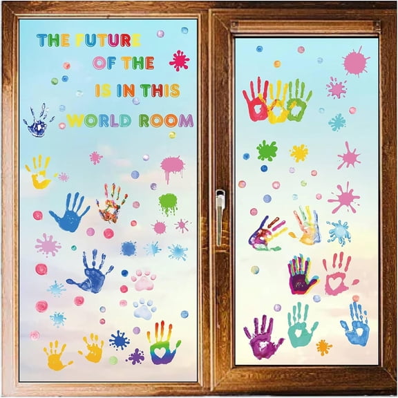 8 Sheets Palm Print Window Decals Rainbow Colorful Hands Stickers Wall Clings Peel and Stick PVC Waterproof Self Adhesive Decor for Fridge Bedroom Living Room Kitchen Store Showcase Dorm Mixed Color