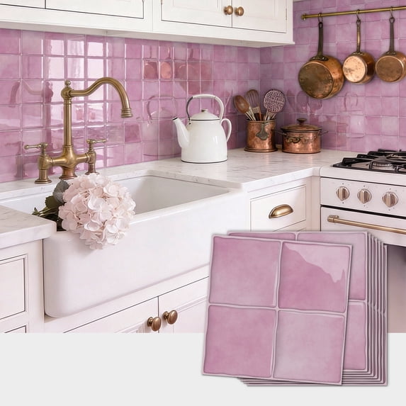 8 Sheets Pink Tiles Wall Stickers 6"x6" Kitchen Backsplash Tile Decals Self-Adhesive Removable Bathroom Decor Sticker Tile Contact Paper 3D Effect Peel and Stick