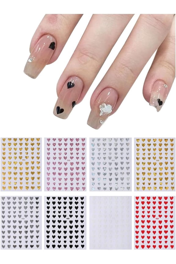 8 Sheets Plastic Self Adhesive Nail Art Stickers Charms Heart Pattern Manicure Decals for Women Craft Nail Tips Decorations Red Black White Pink Yellow Golden 10x8x0.03cm