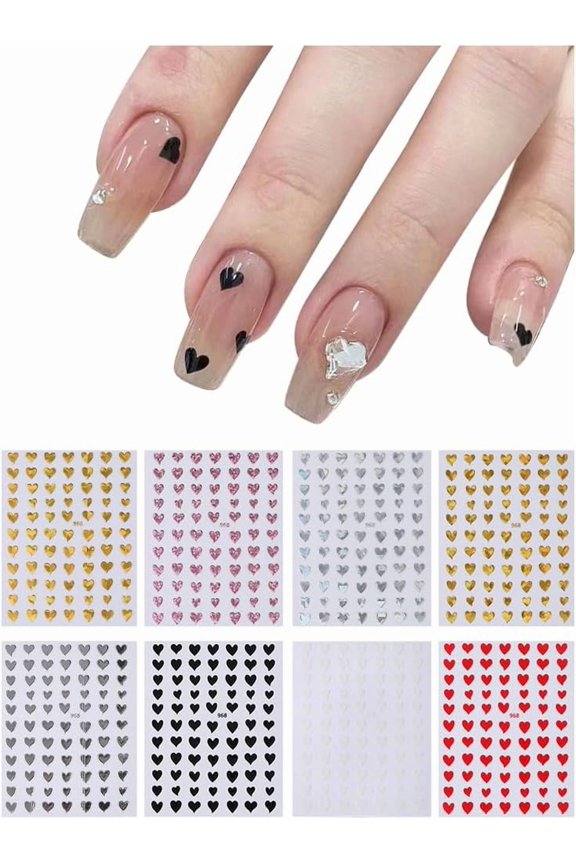 8 Sheets Plastic Self Adhesive Nail Art Stickers Charms Heart Pattern Manicure Decals