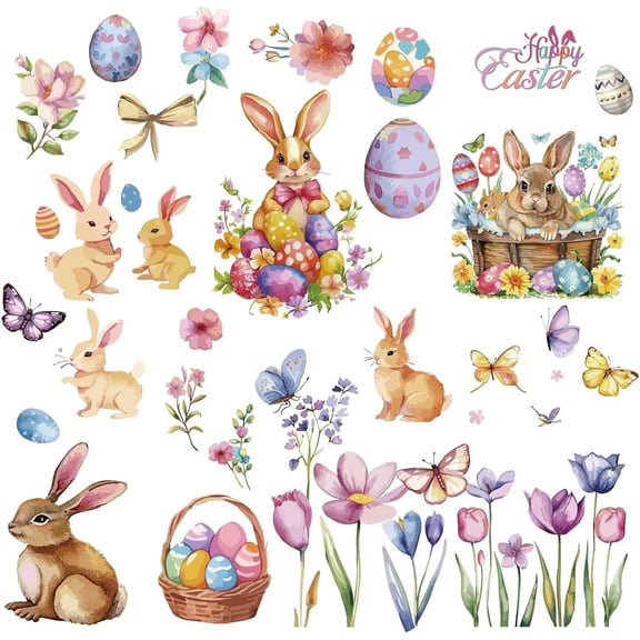8 Sheets Rabbit Window Sticker Easter Bunny Egg Basket Flower Wall Clings Peel and Stick Paster Waterproof Large Decal for Home Stairway Restaurant Kitchen Showcase Glass Doors PVC Decor colorful DIY