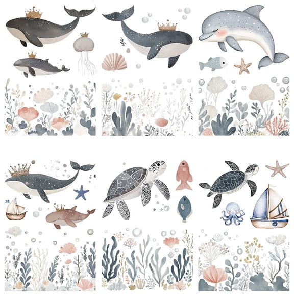 8 Sheets Sea Animals Wall Stickers Ocean Turtle Dolphin Whale Octopus Window PVC Waterproof Self Adhesive Peel and Stick Decals Removable
