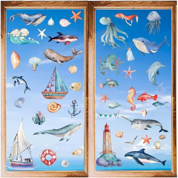 8 Sheets Sea Ocean Window Decals Stickers Whale Dolphin Sailboat Starfish Lighthouse Wall Clings Peel and Stick Vinyl PVC Waterproof Adhesive Decor