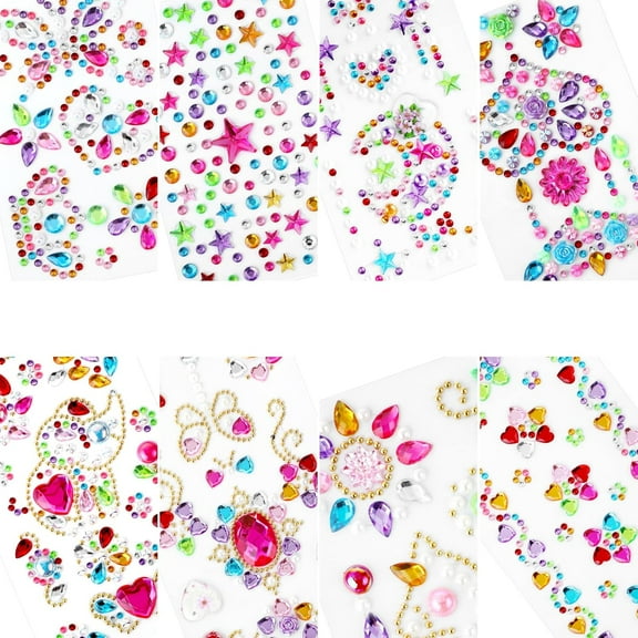 8 Sheets Self Adhesive Rhinestone Gem Stickers, Stick on Gems Rhinestones for DIY Face Body Hair Makeup Festival, Holiday Scrapbook Supplies Bling Jewels Decorations Stickers