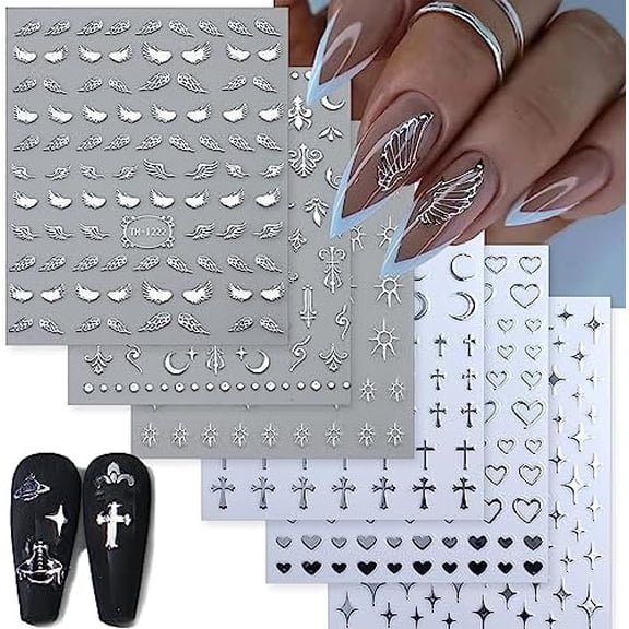 8 Sheets Silver Nail Art Stickers Decals Angel Wings Crosses Nail Stickers Sun Stars Moon Totem Design Nail Decals 3D Self-Adhesive Nail Stickers for Women Manicure Decoration