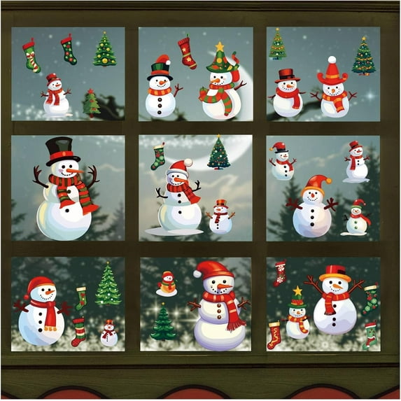 8 Sheets Snowman Wall Stickers Christmas Tree Stockings Window Clings Wall Decals Stickers Peel and Stick PVC Waterproof Self Adhesive for Home Living Room Showcase Party Supplies