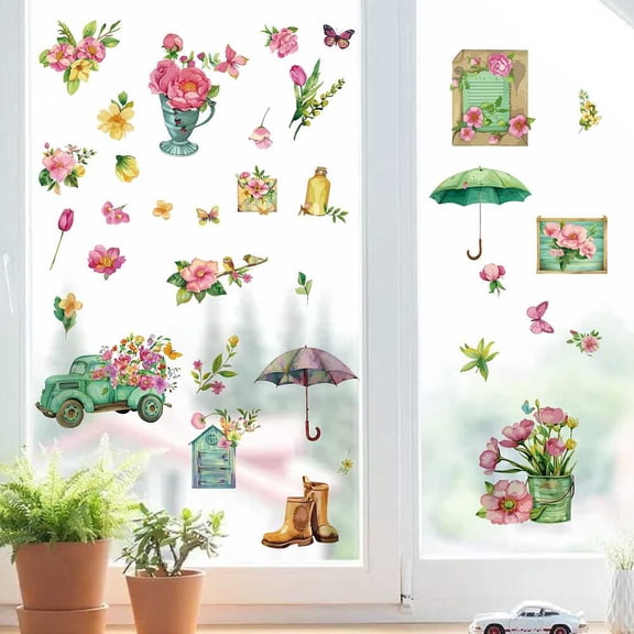 8 Sheets Spring Flowers Window Clings Summer Floral Glass Stickers Butterfly Umbrella Truck Waterproof proofing Collision Window Decal