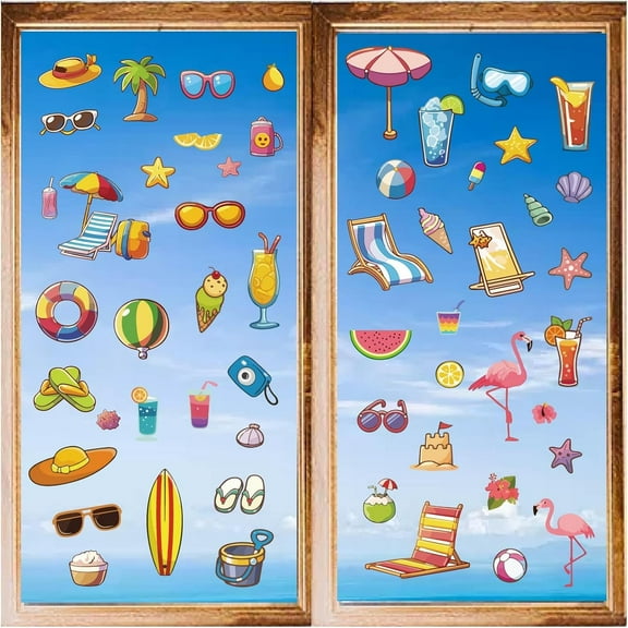 8 Sheets 8 Styles Summer Beach Window Decals Sunglasses Drink Juice Starfish Lemon PVC Waterproof Peel and Sticker Window Stickers Glass Wall Clings for Home Bedroom Living Room Decor